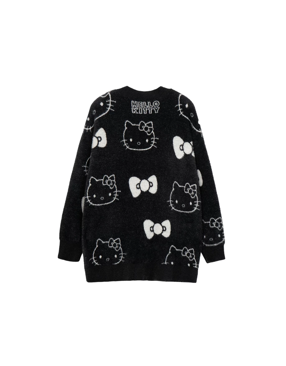 【Hello Kitty Collaboration】All Over Print Jacquard V Neck Fuzzy Knit Cardigan