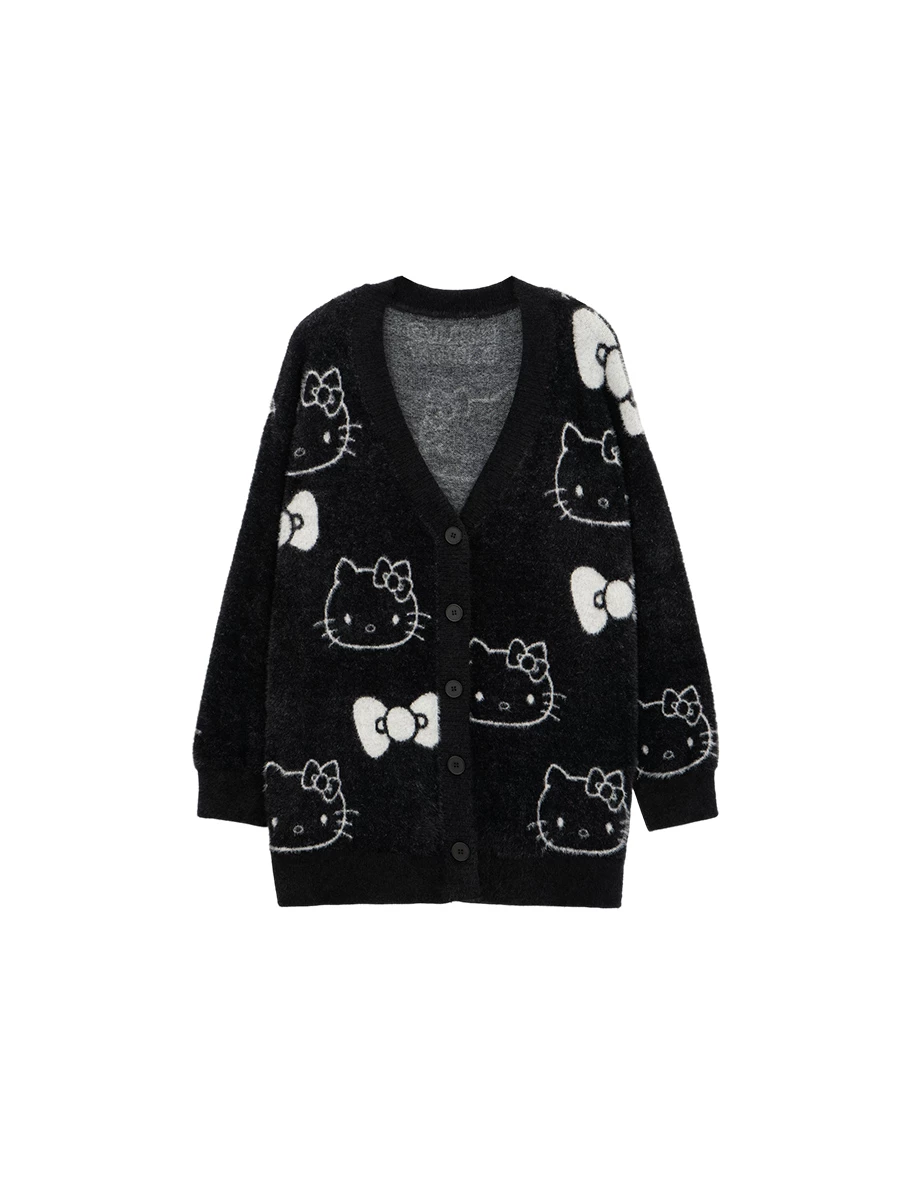 【Hello Kitty Collaboration】All Over Print Jacquard V Neck Fuzzy Knit Cardigan