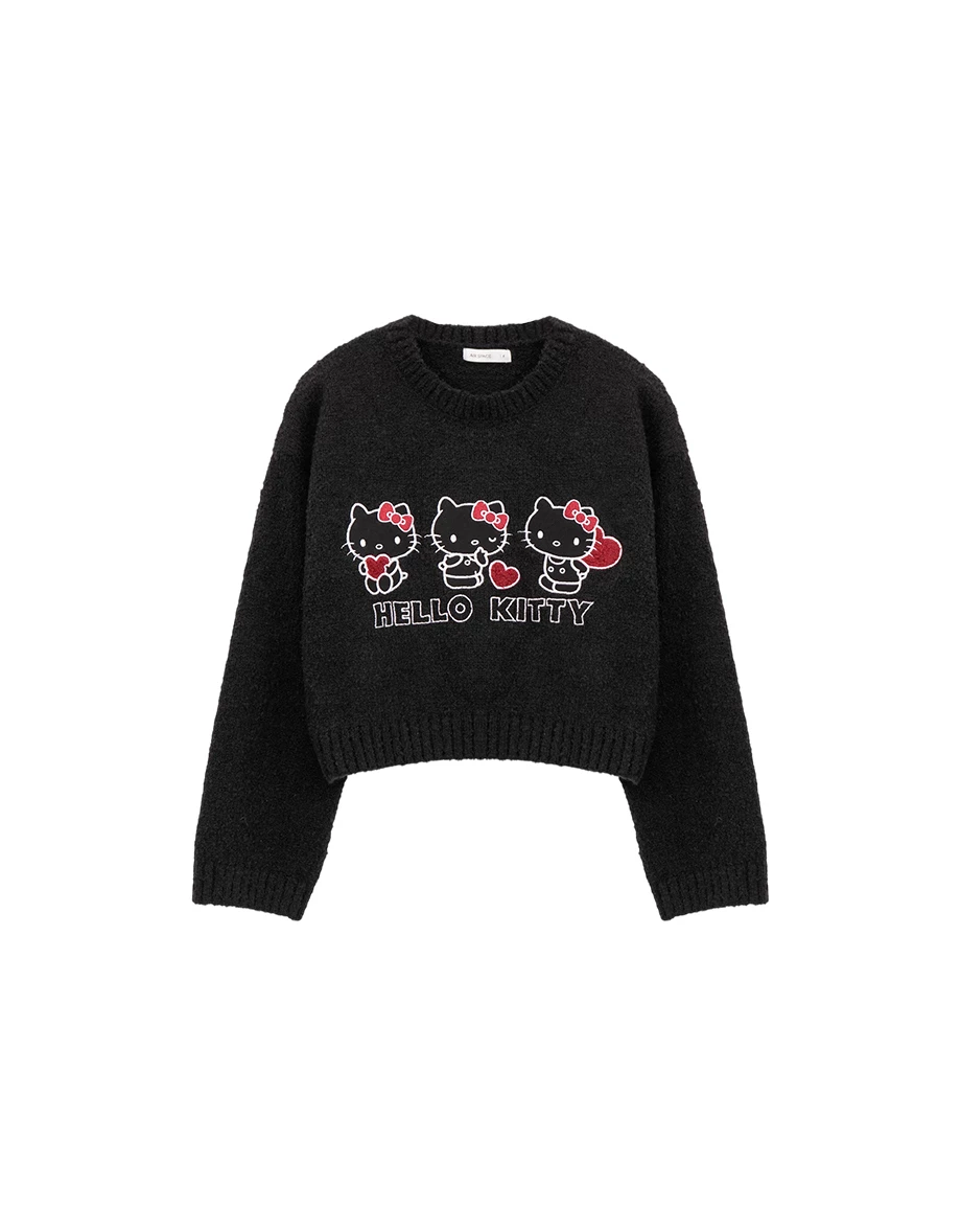 【Hello Kitty Collaboration】Appliqué Patch Long Sleeve Crop Sweater