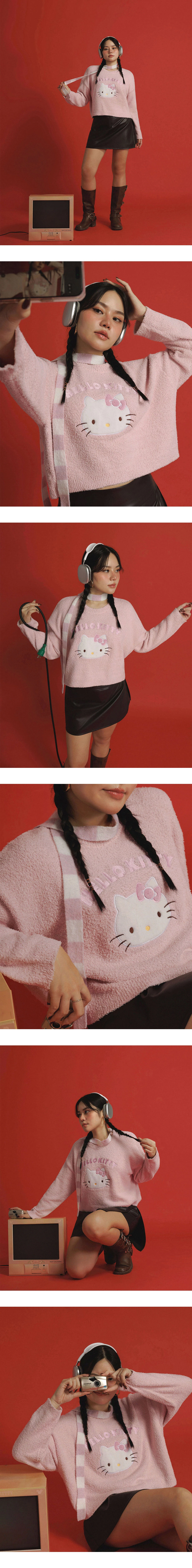 【Hello Kitty Collaboration】Appliqué Patch Oversized Plush Sweater