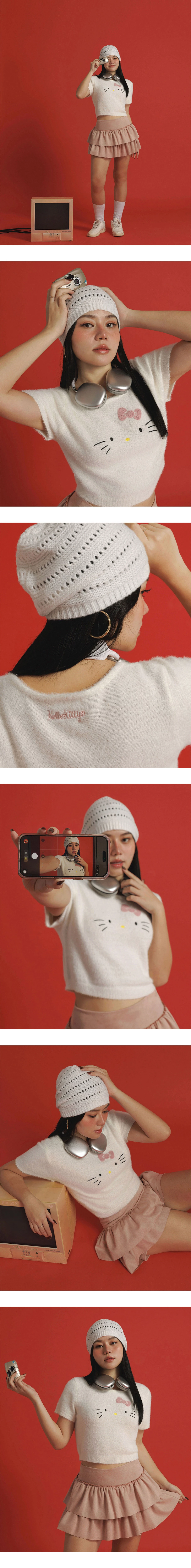 【Hello Kitty Collaboration】Fluffy Knit Short Sleeve Crop Top