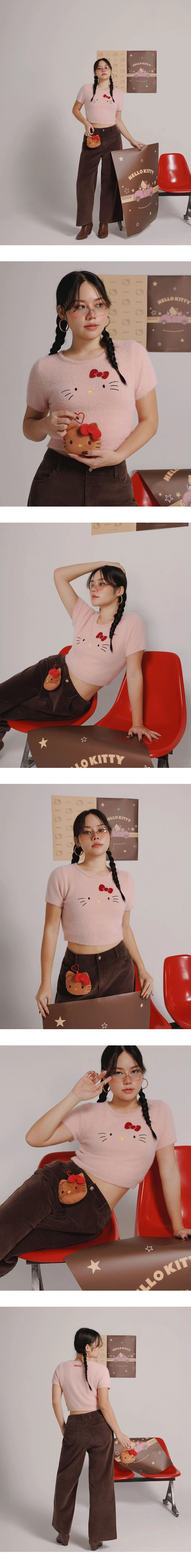 【Hello Kitty Collaboration】Fluffy Knit Short Sleeve Crop Top