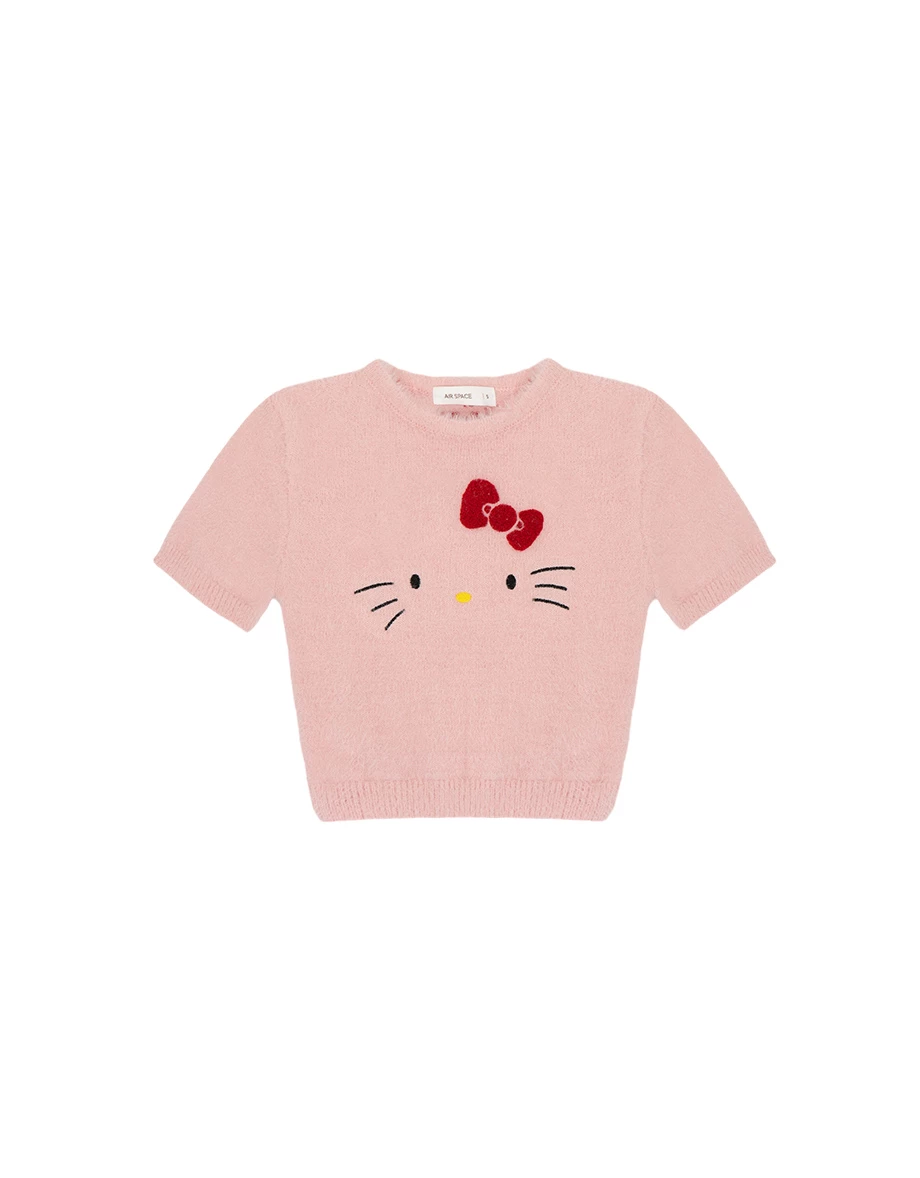【Hello Kitty Collaboration】Fluffy Knit Short Sleeve Crop Top