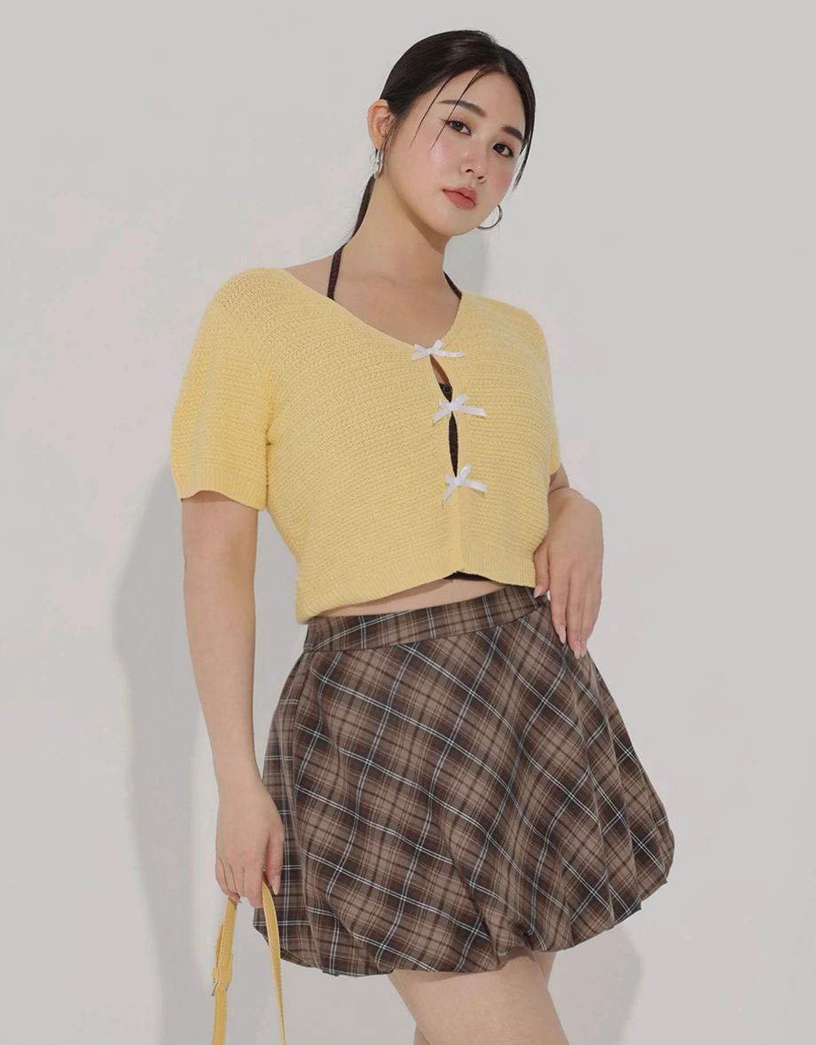 V領短袖緞帶蝴蝶結開襟橫條紋針織衫