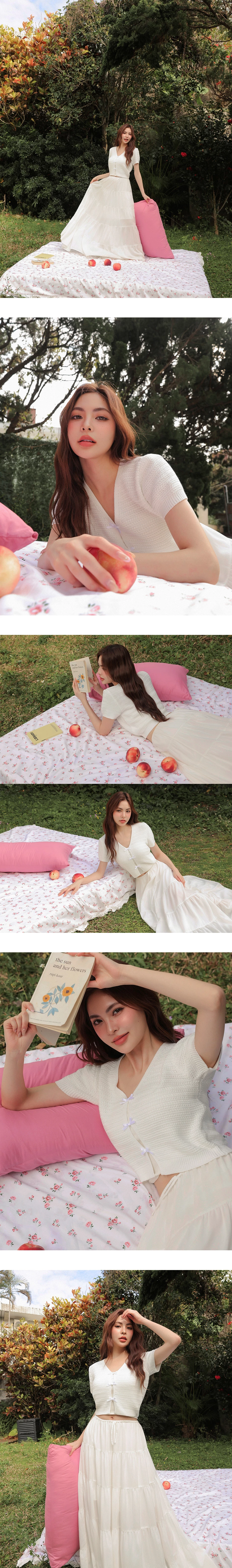 V領短袖緞帶蝴蝶結開襟橫條紋針織衫