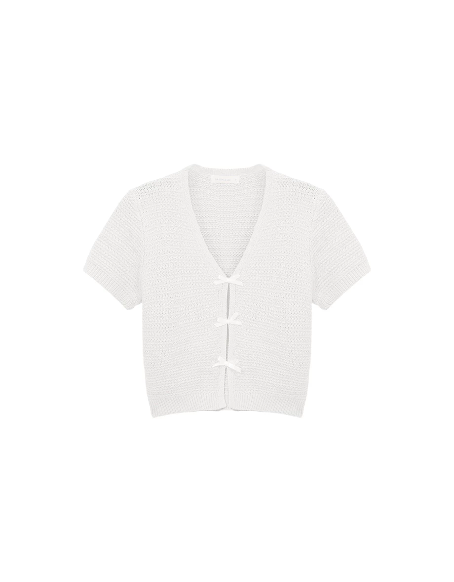 V領短袖緞帶蝴蝶結開襟橫條紋針織衫