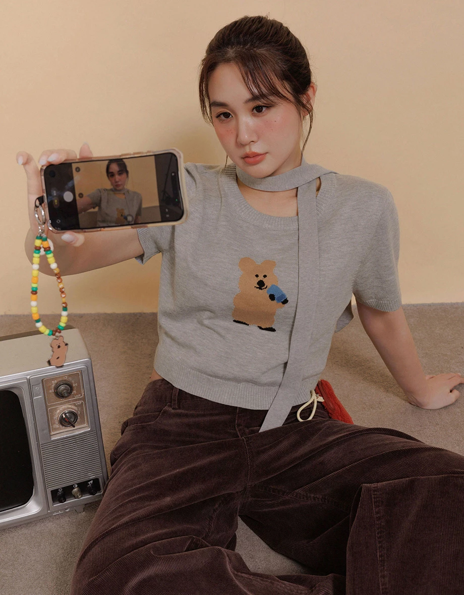 【DINOTAENG】緹花圖案短袖短版針織衫