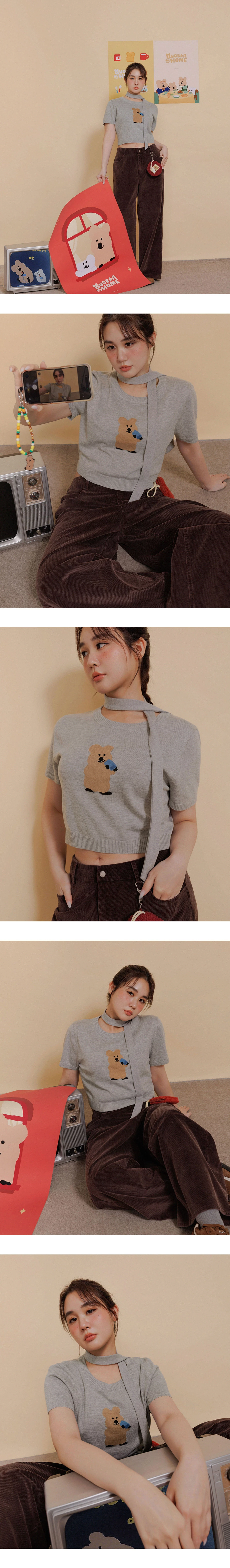 【DINOTAENG】緹花圖案短袖短版針織衫