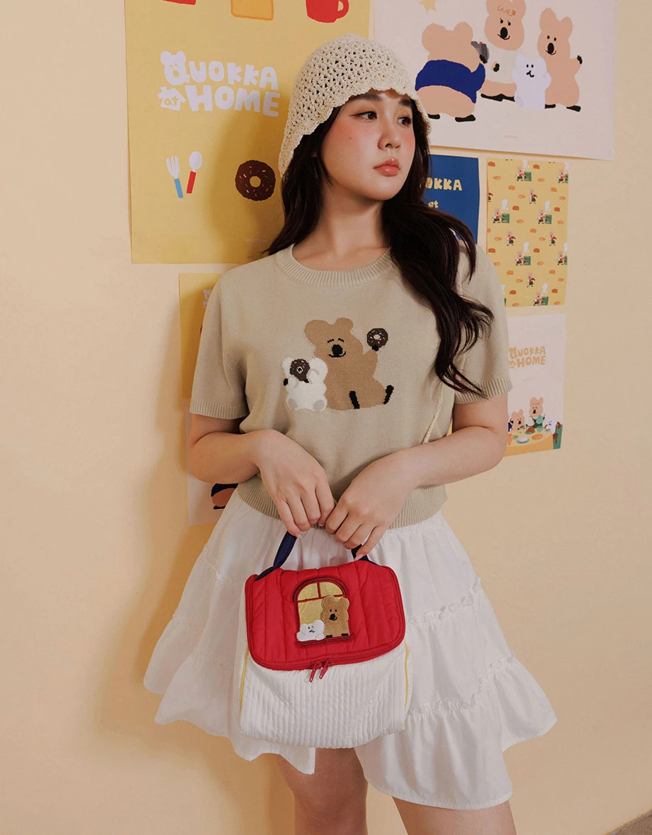 【DINOTAENG】緹花圖案短袖短版針織衫