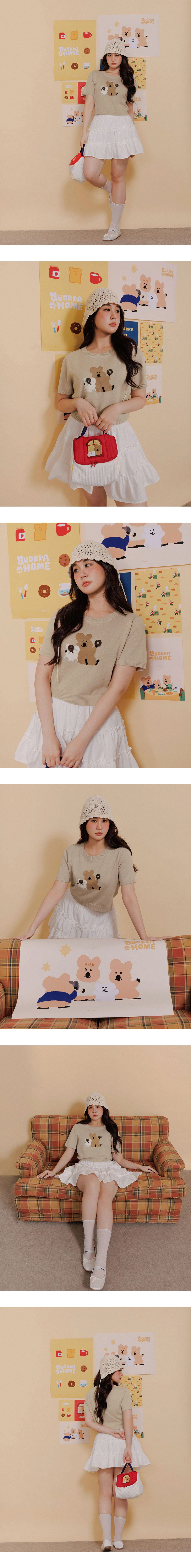 【DINOTAENG】緹花圖案短袖短版針織衫