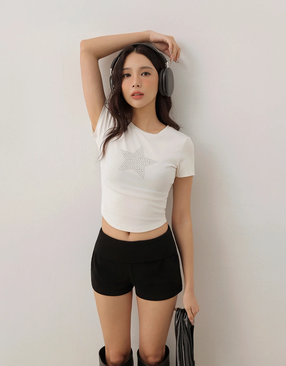 Star Rhinestone Graphic Short Sleeve Cropped Top
