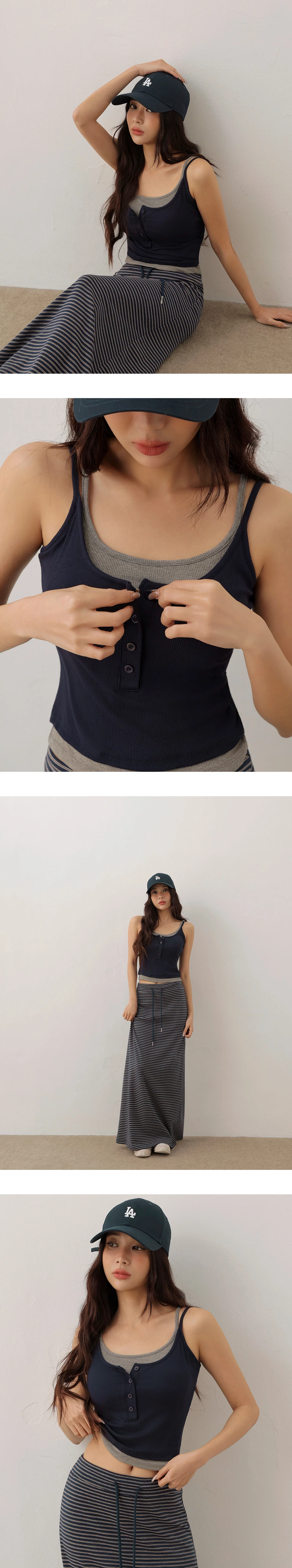 Faux 2 Piece Ribbed Henley Padded Cami Bra Top