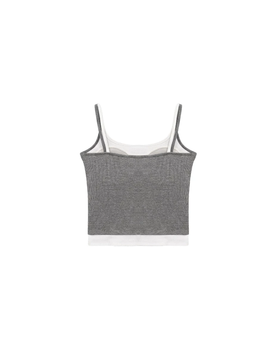 Faux 2 Piece Ribbed Henley Padded Cami Bra Top