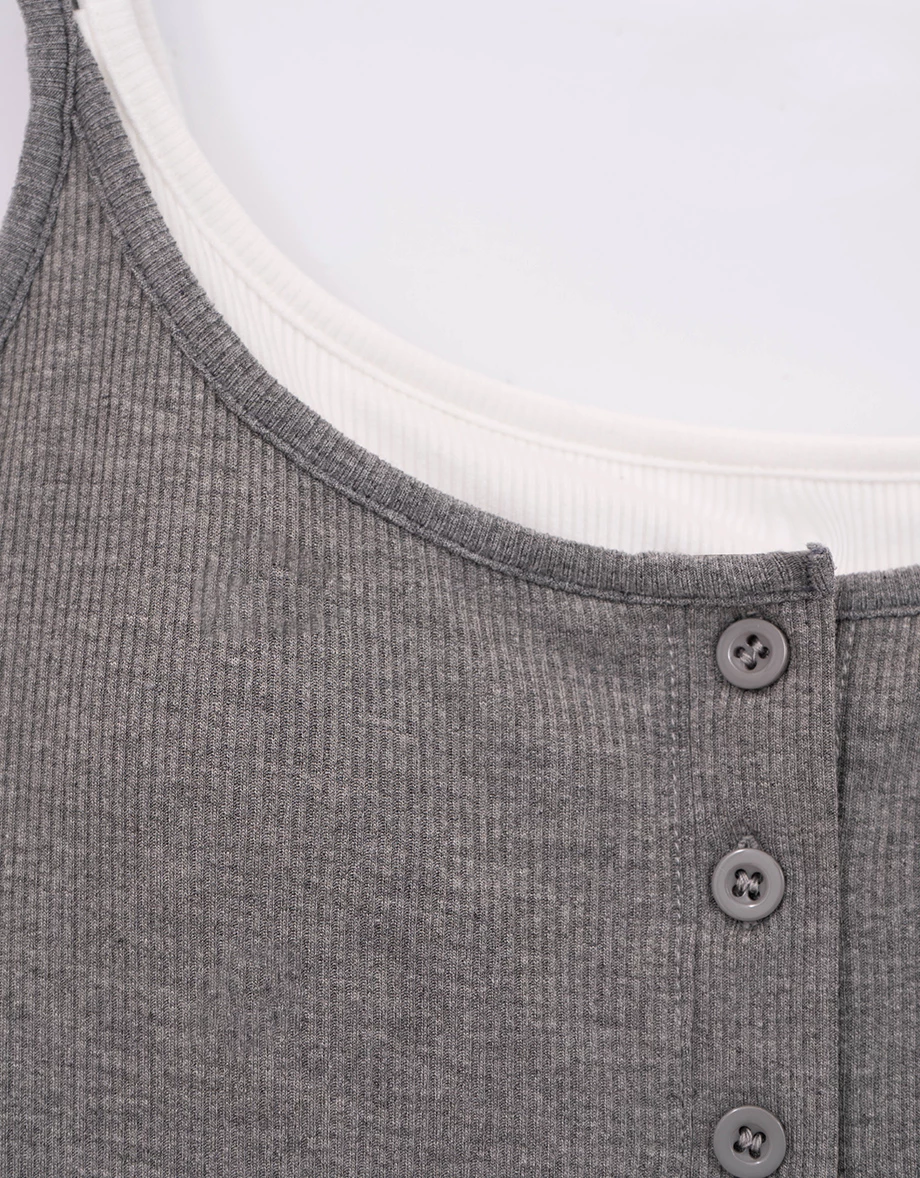 Faux 2 Piece Ribbed Henley Padded Cami Bra Top