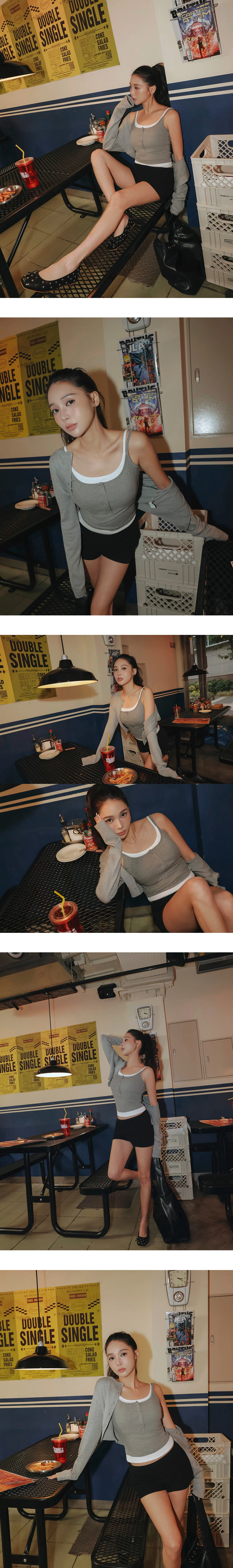 Faux 2 Piece Ribbed Henley Padded Cami Bra Top