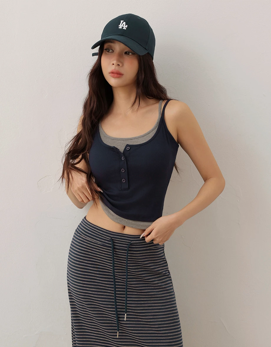 Faux 2 Piece Ribbed Henley Padded Cami Bra Top