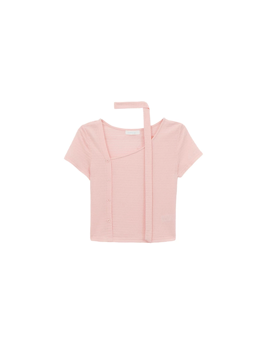 Side Buttoned Asymmetric Neck Jacquard Crop Top (with Scarf)