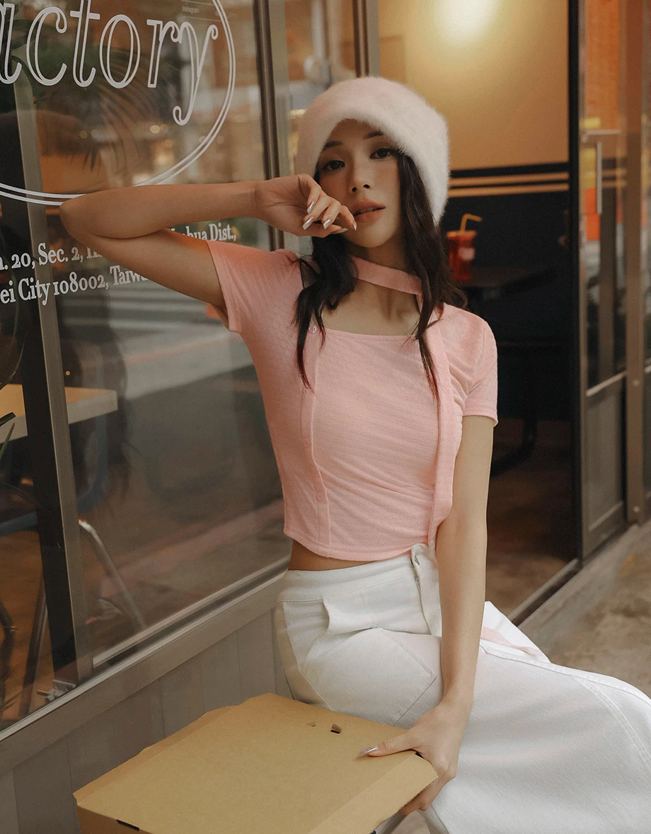 Side Buttoned Asymmetric Neck Jacquard Crop Top (with Scarf)