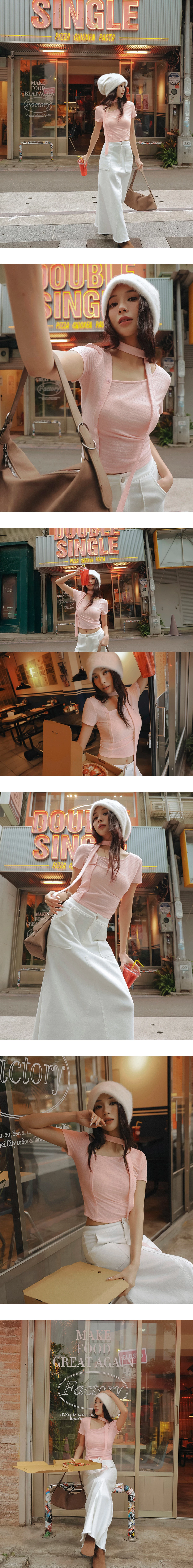 Side Buttoned Asymmetric Neck Jacquard Crop Top (with Scarf)