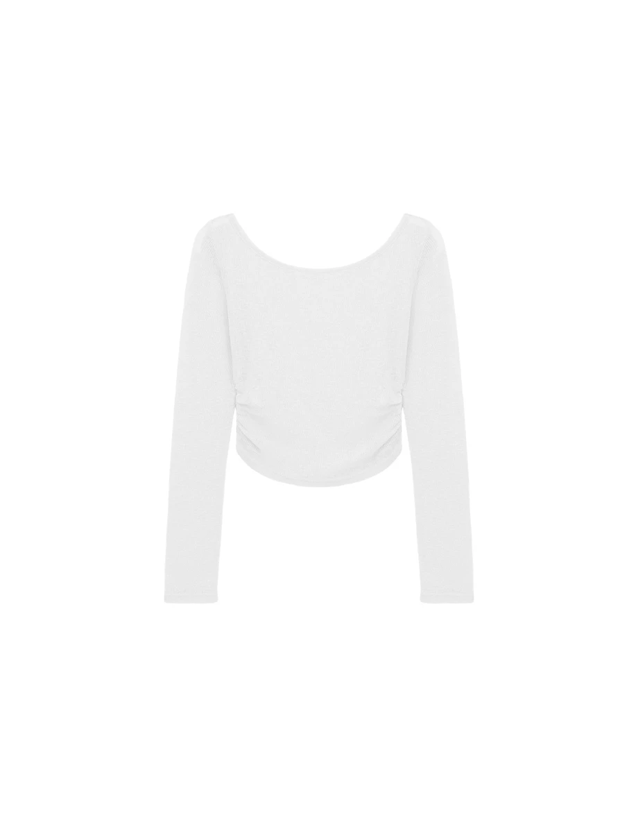 Side Ruched Sheer Ribbed Knit Long Sleeve Layering Top