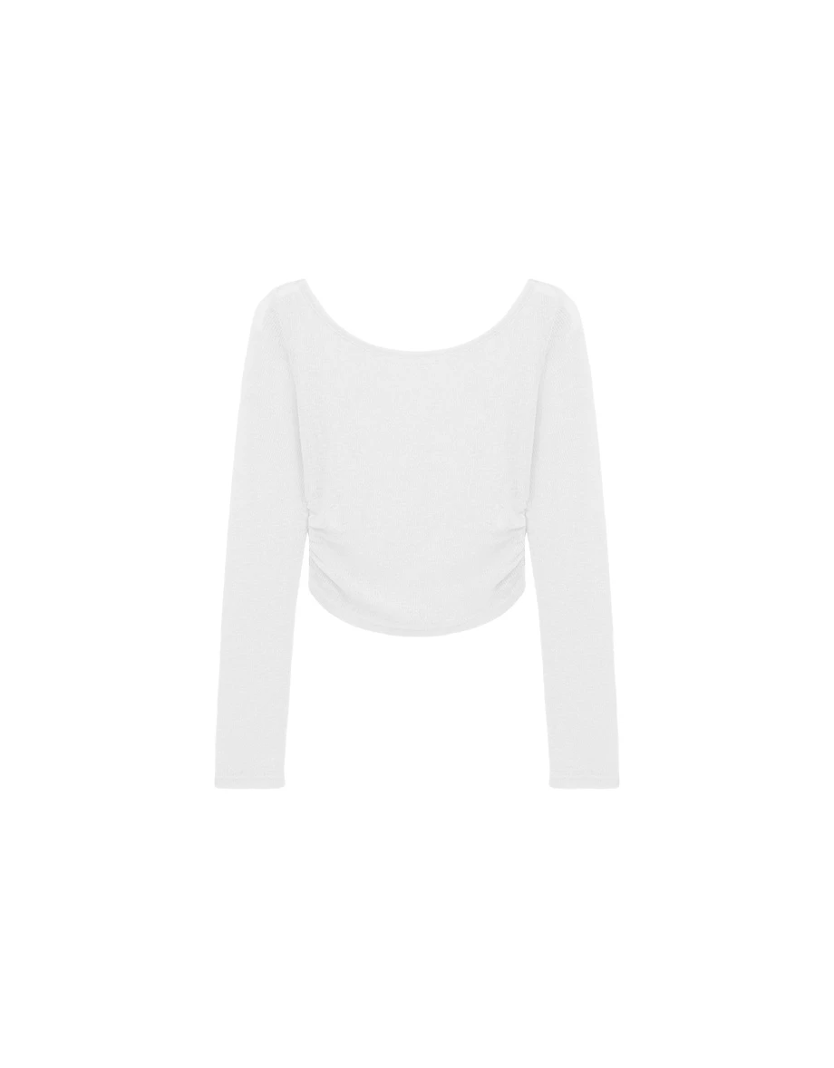Side Ruched Sheer Ribbed Knit Long Sleeve Layering Top