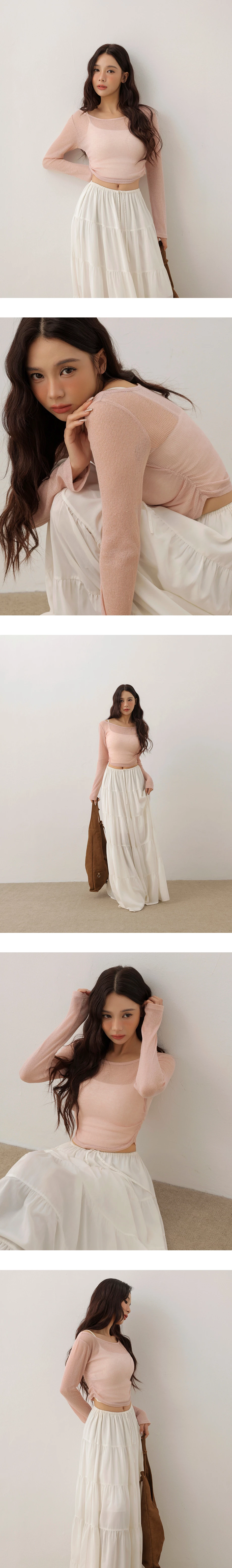 Side Ruched Sheer Ribbed Knit Long Sleeve Layering Top