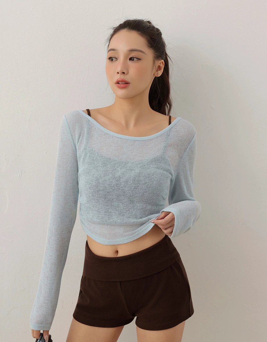 Side Ruched Sheer Ribbed Knit Long Sleeve Layering Top