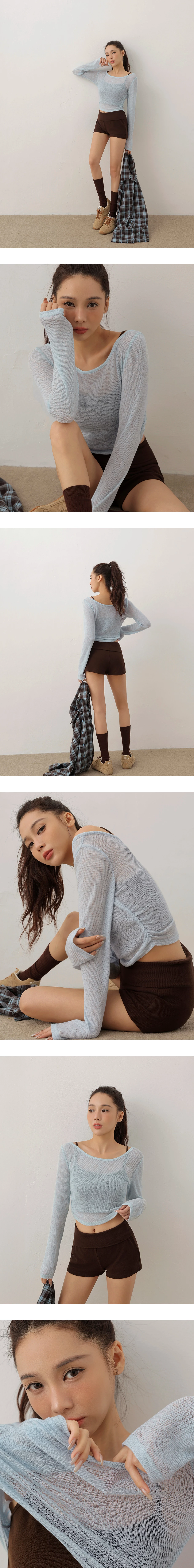 Side Ruched Sheer Ribbed Knit Long Sleeve Layering Top