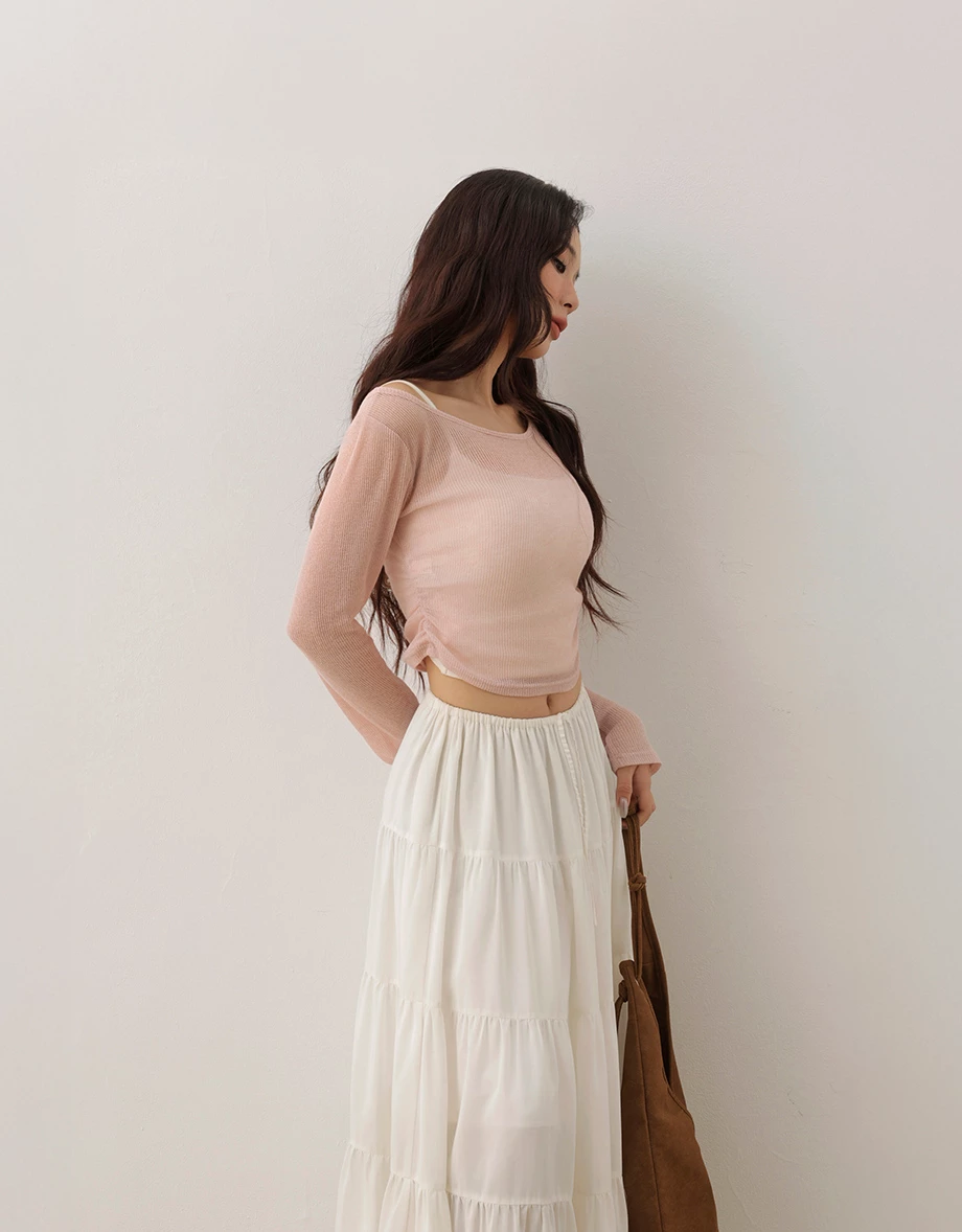 Side Ruched Sheer Ribbed Knit Long Sleeve Layering Top