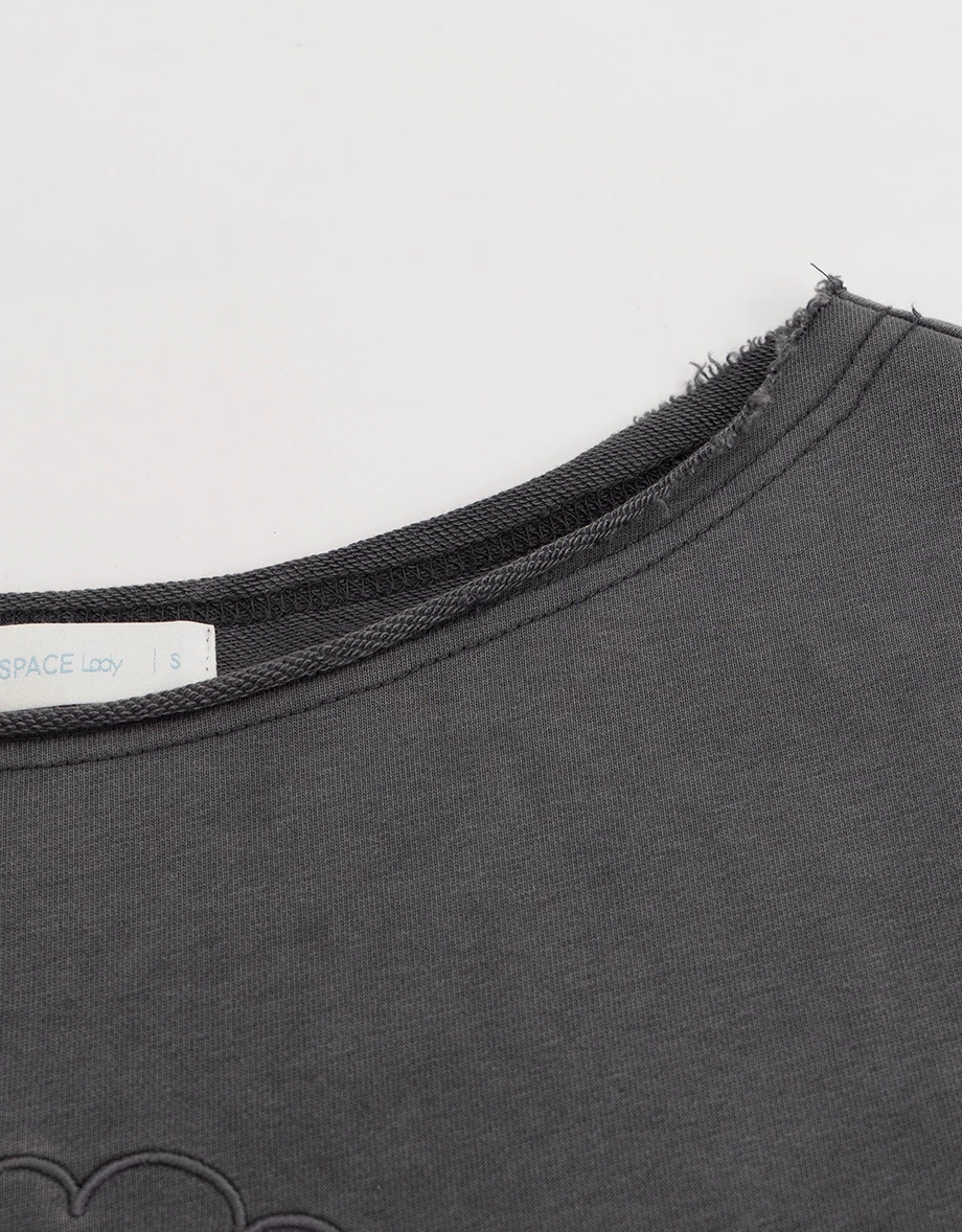 Distressed Raw Edge Heart Embossed Long Sleeve Sweatshirt