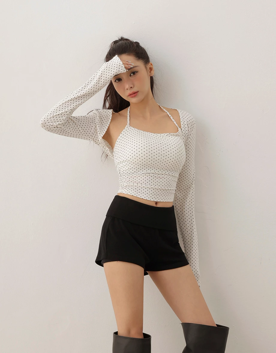 Polka Dot Halter Padded Camisole Top and Matching Cropped Cardigan Set Wear