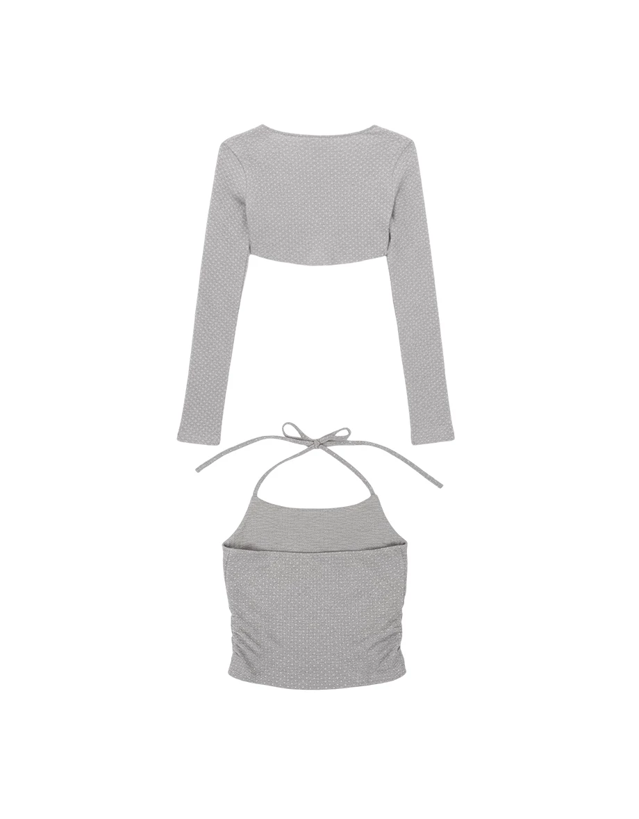 Polka Dot Halter Padded Camisole Top and Matching Cropped Cardigan Set Wear