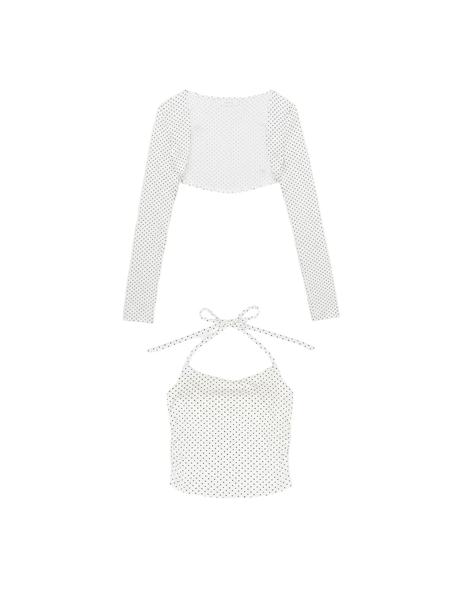 Polka Dot Halter Padded Camisole Top and Matching Cropped Cardigan Set Wear