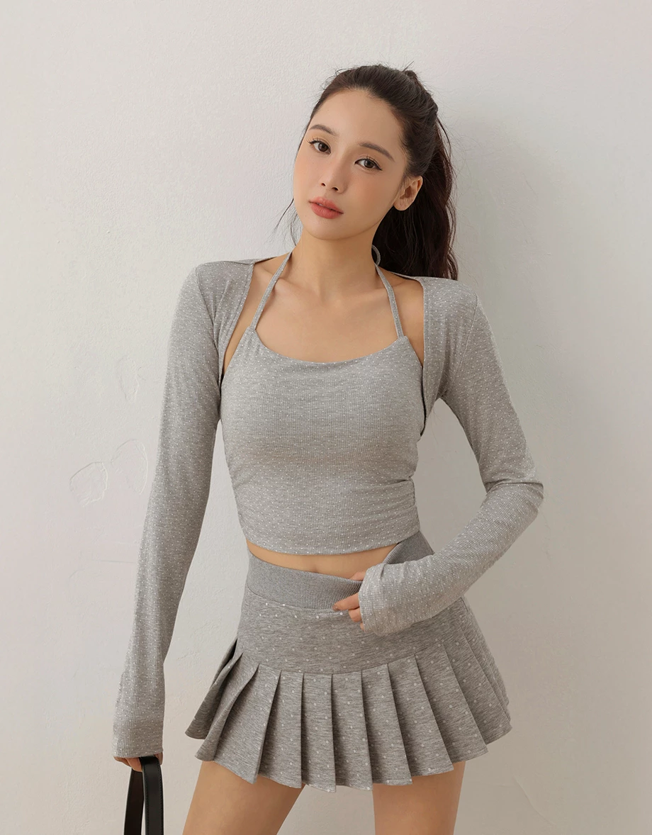 Polka Dot Halter Padded Camisole Top and Matching Cropped Cardigan Set Wear