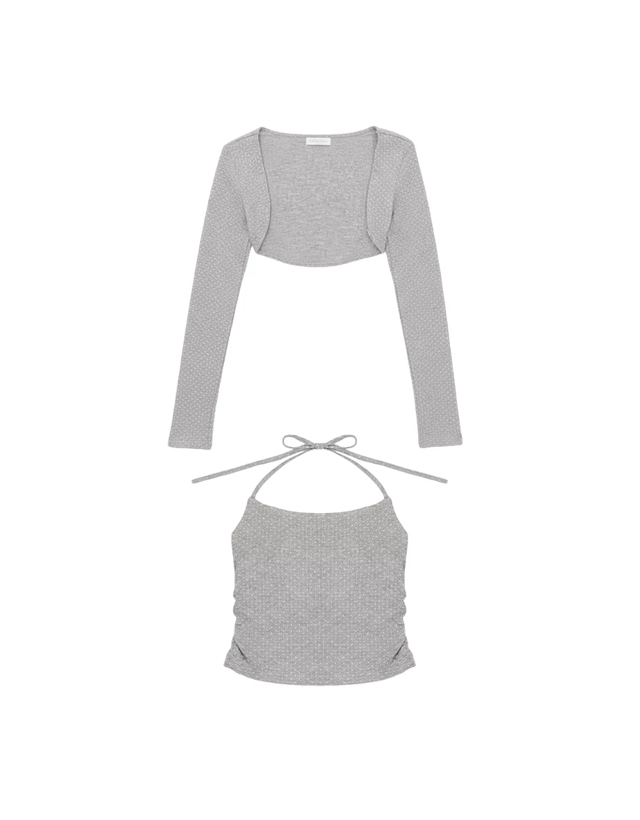 Polka Dot Halter Padded Camisole Top and Matching Cropped Cardigan Set Wear