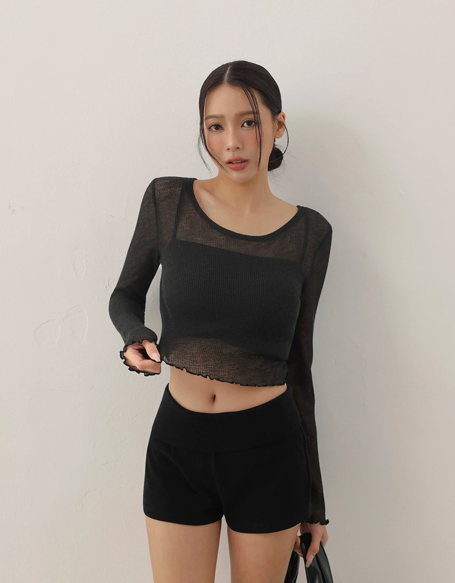 Lettuce Hem Semi Sheer Long Sleeve Ribbed Top Lettuce Hem Semi Sheer Long Sleeve Ribbed Top