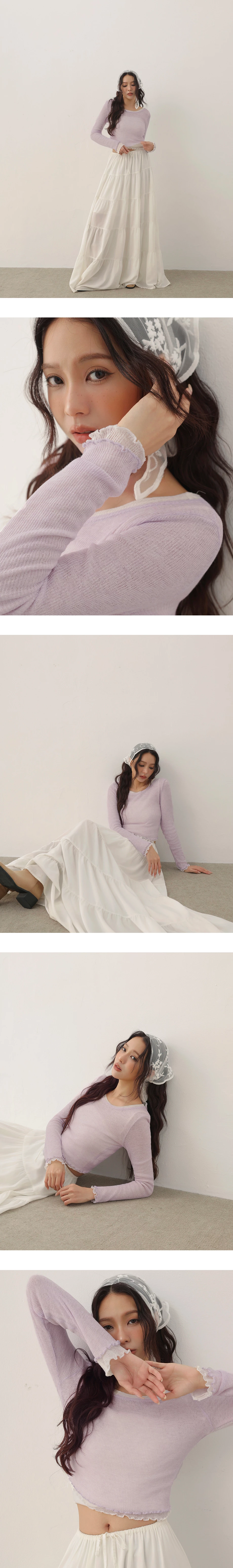 Lettuce Hem Semi Sheer Long Sleeve Ribbed Top