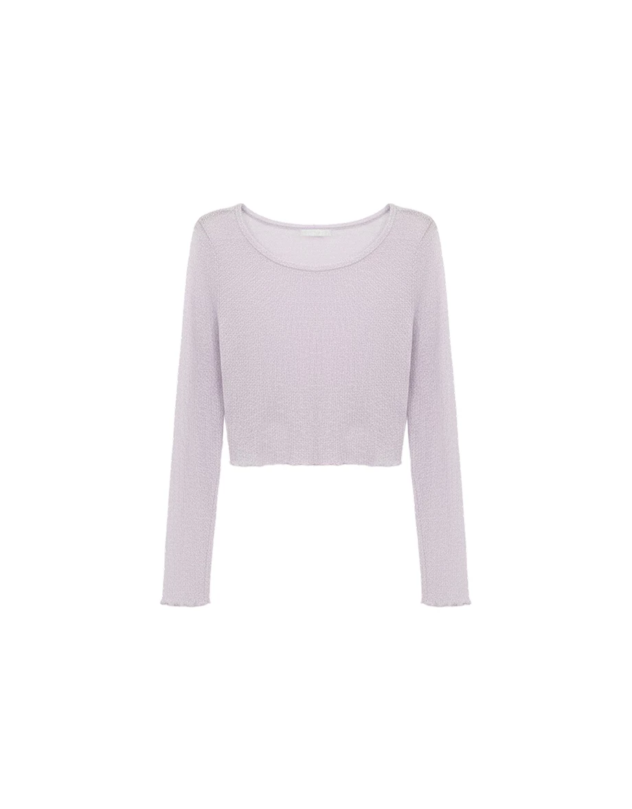 Lettuce Hem Semi Sheer Long Sleeve Ribbed Top