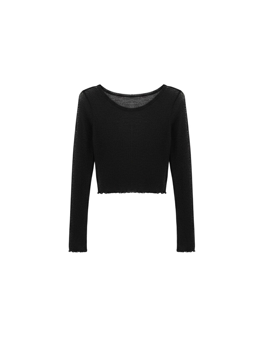 Lettuce Hem Semi Sheer Long Sleeve Ribbed Top