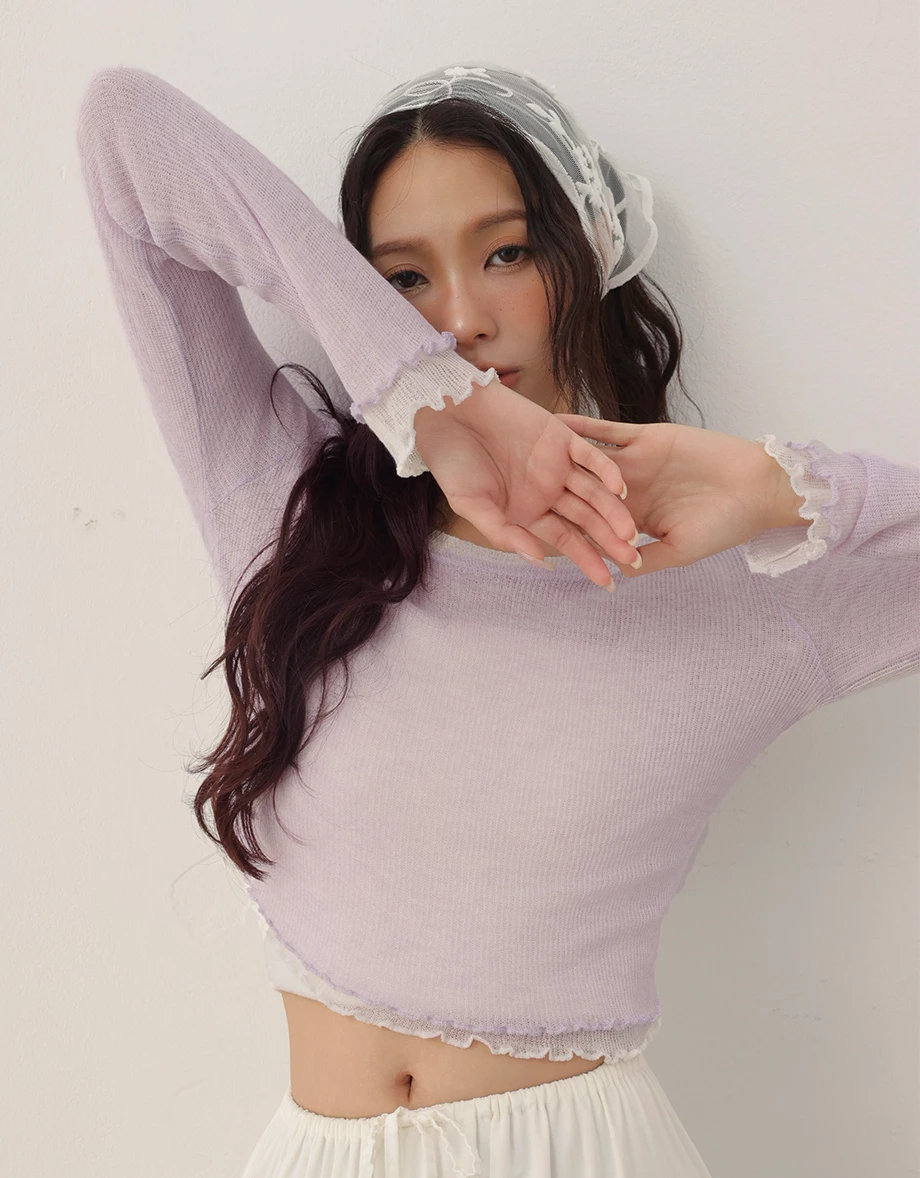 Lettuce Hem Semi Sheer Long Sleeve Ribbed Top