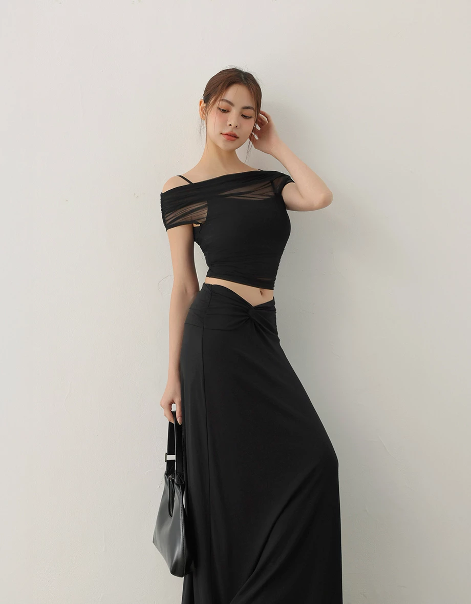 一字領透紗側抓皺上衣細肩帶BRA背心套裝