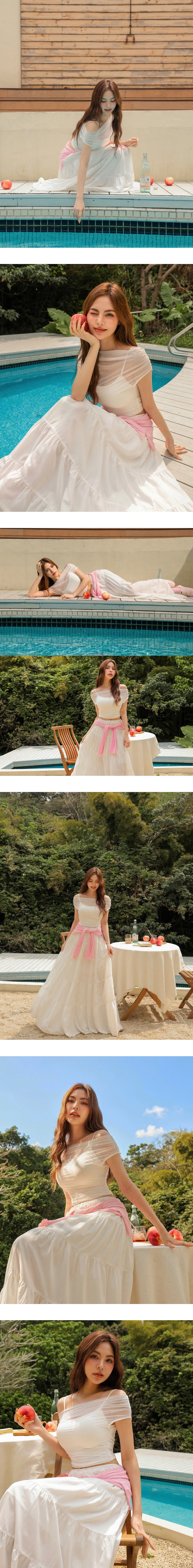 一字領透紗側抓皺上衣細肩帶BRA背心套裝