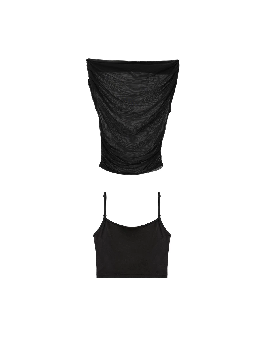 一字領透紗側抓皺上衣細肩帶BRA背心套裝