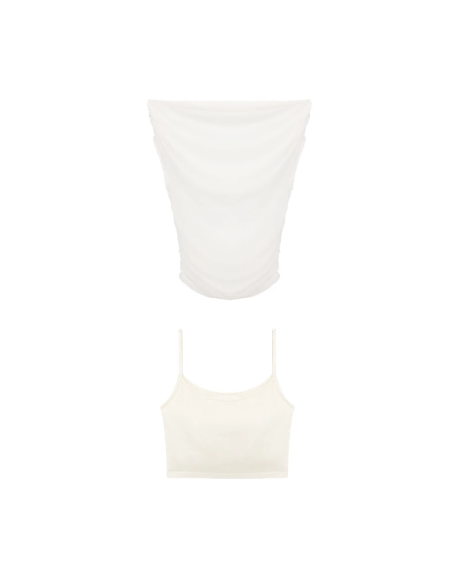 一字領透紗側抓皺上衣細肩帶BRA背心套裝