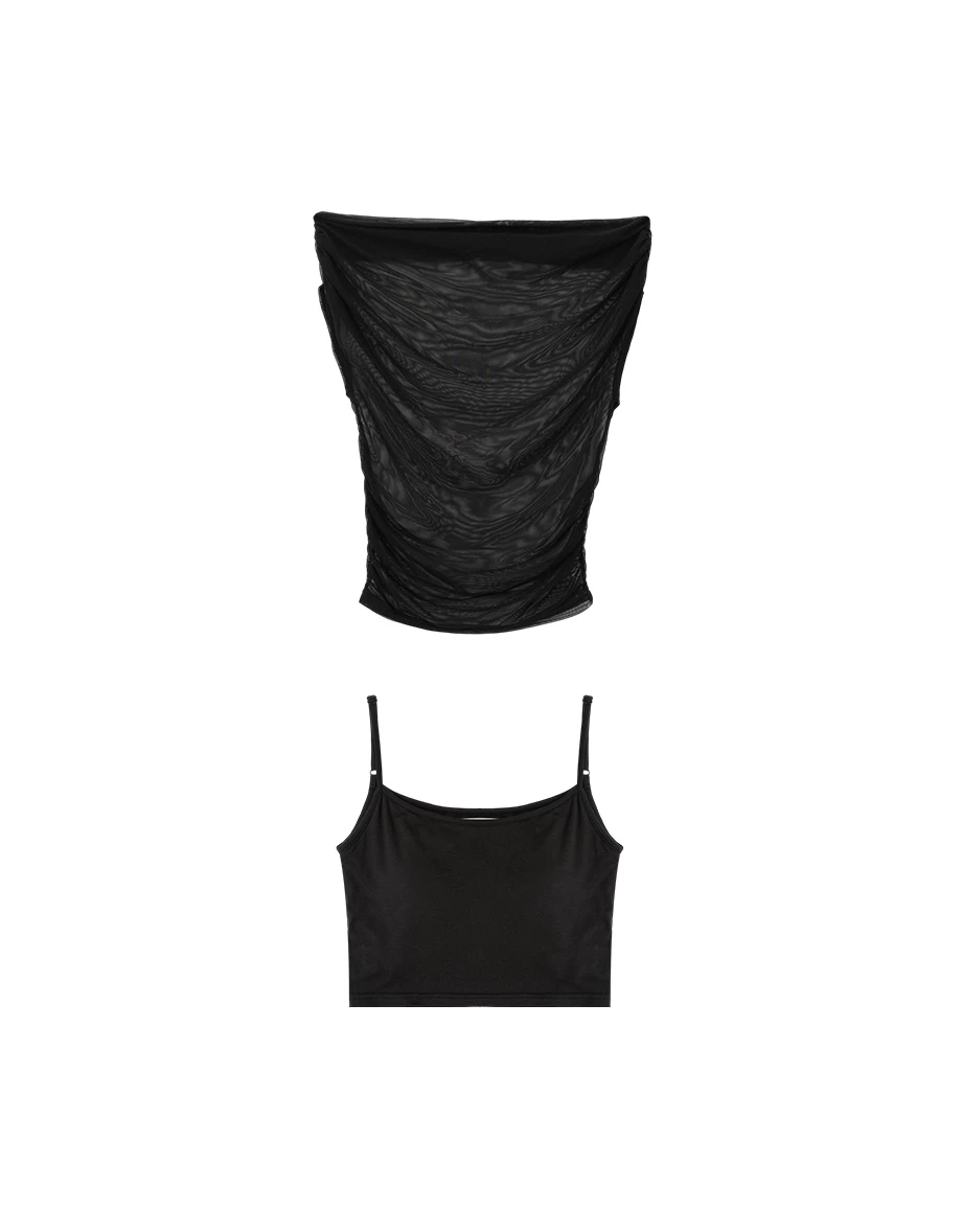 一字領透紗側抓皺上衣細肩帶BRA背心套裝