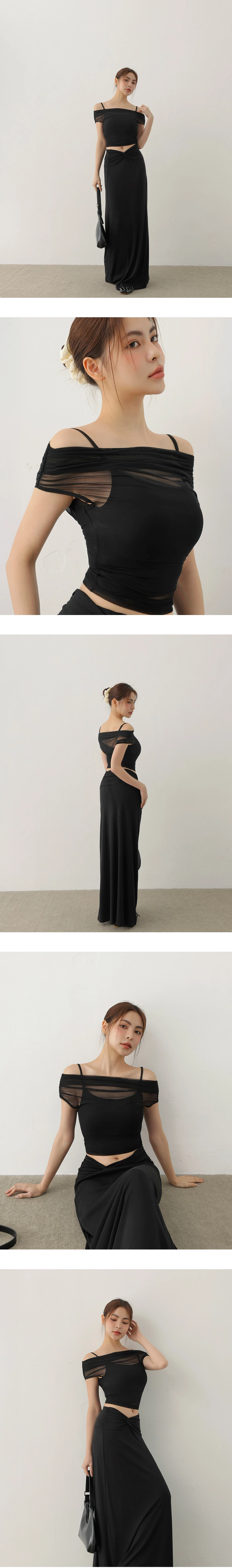 一字領透紗側抓皺上衣細肩帶BRA背心套裝