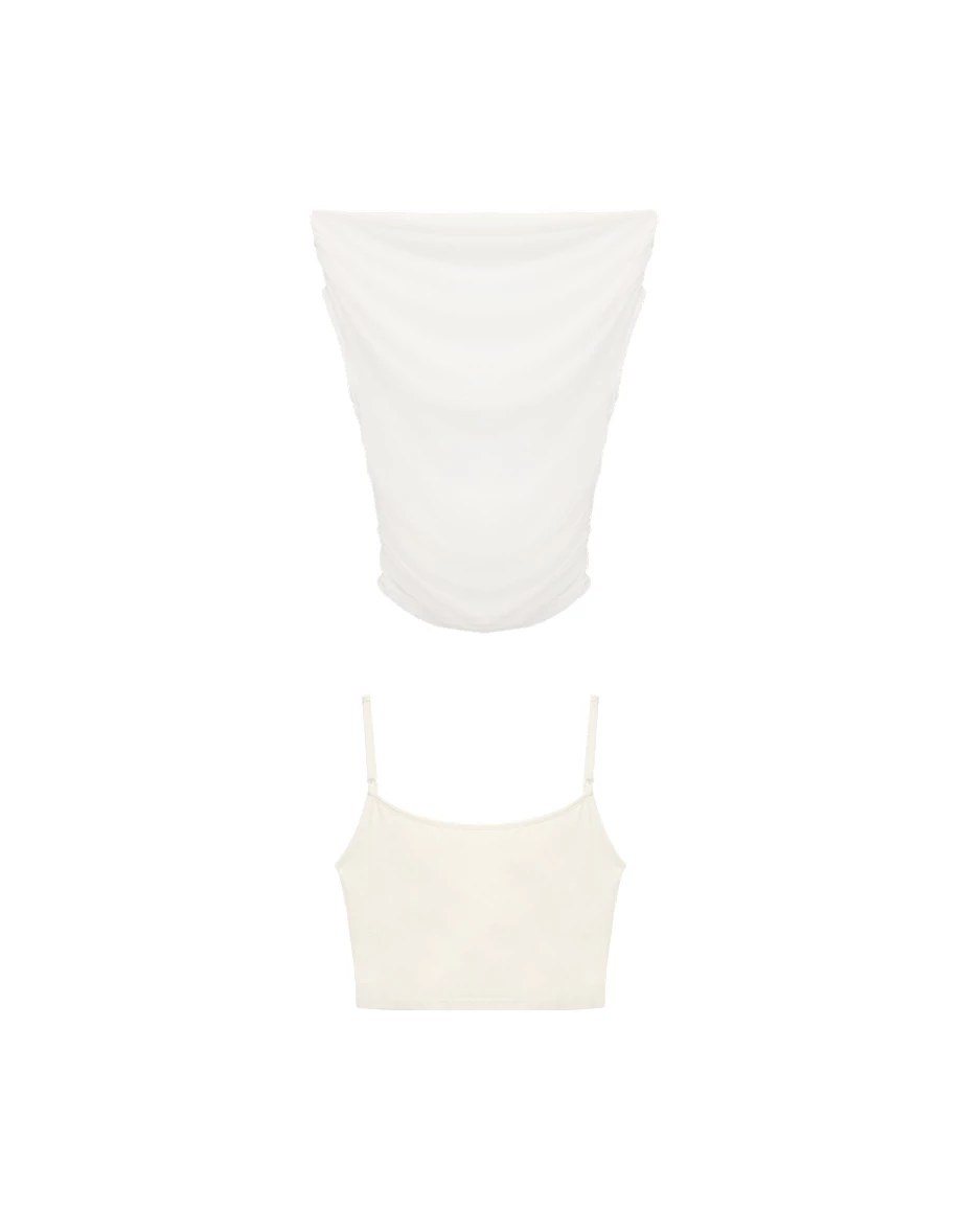 一字領透紗側抓皺上衣細肩帶BRA背心套裝