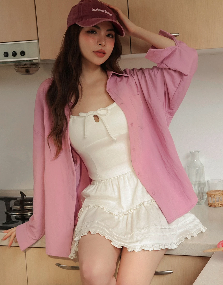 AIR SPACE Logo Embroidered Loose Fit Long Sleeve Shirt Blouse