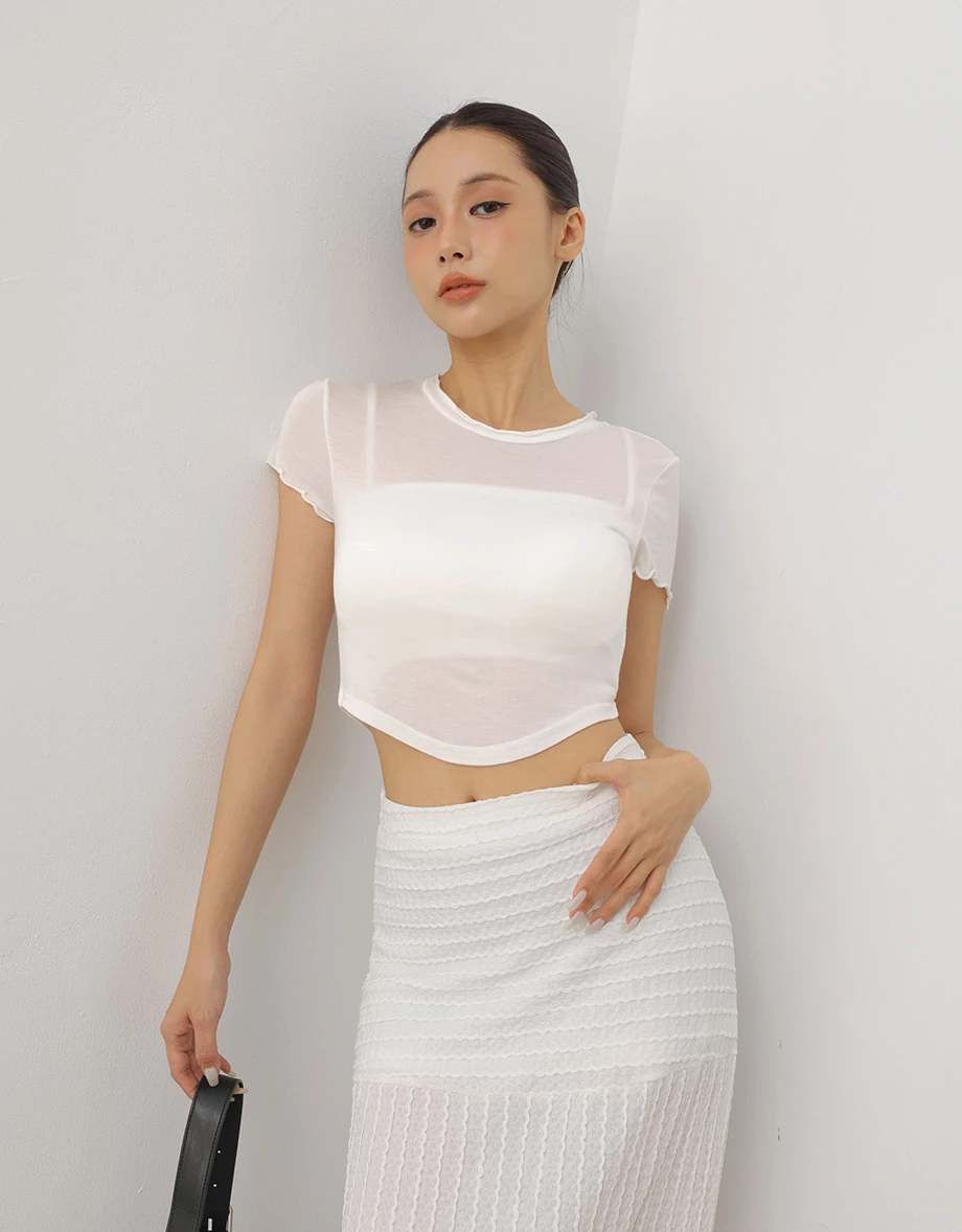 圓領木耳邊圓弧下擺短袖短版上衣