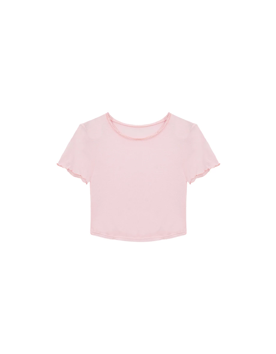 圓領木耳邊圓弧下擺短袖短版上衣